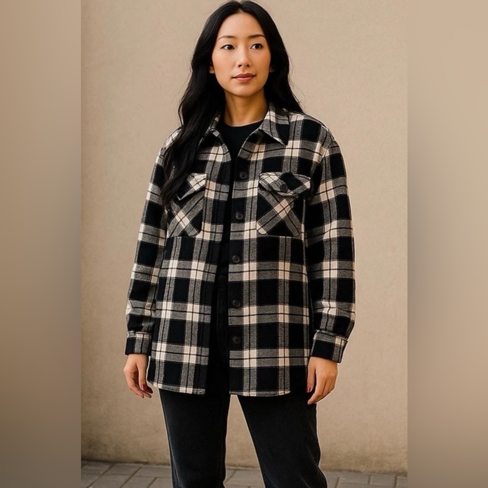 NEW Members Mark Plaid Shacket Black White Checkered Womens Size XL Button Up